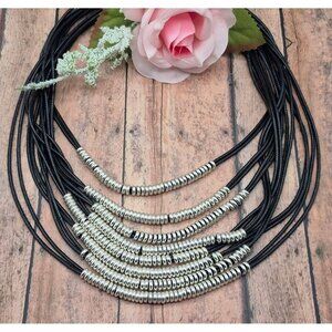 Black & Silver Tone Multi Cord Strand Statement Necklace 24" Long Collar